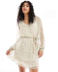 Vila - Tie Waist V Neck Mini Dress With Sheer Sleeves - Lyst