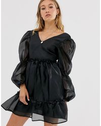 NA-KD Organza Mini Smock Dress In Black
