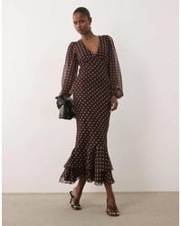 LACE & BEADS - V Neck Balloon Sleeve Ruffle Hem Maxi Dress - Lyst