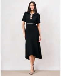 Hope & Ivy - The Sutton Puff Sleeve Midi Dress With Dimond Trim Detailing - Lyst