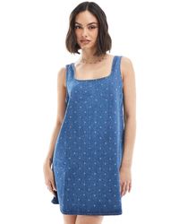 ASOS - Denim Mini Dress With Polka Dot Print - Lyst