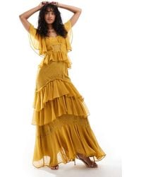 ASOS - Vestido Midi Color Mostaza Escalonado Con Mangas Fluidas E Inserto De Encaje De -Amarillo - Lyst