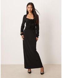 Y.A.S - Long Ruched Sleeve Slinky Maxi Dress With Rosette Bodice - Lyst