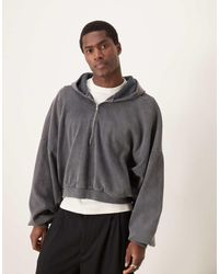 ASOS - Sudadera Gris Lavado De Corte Cuadrado Ultragrande Con Capucha Y Media Cremallera De Canalé Grueso De -Negro - Lyst