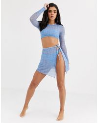 ASOS Crop top de plage en tulle et jersey avec imprimé géométrique effet jean (ensemble - Bleu