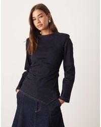 ASOS - Cinched Waist Denim Long Sleeve Top With Shoulder Pads - Lyst