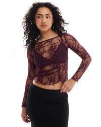 Pull&Bear - Long Sleeve Lace Top With Asymmetic Seam Detail - Lyst