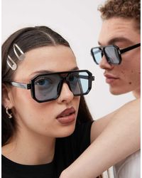 Reclaimed (vintage) - Occhiali Da Sole Aviatore Neri Con Montatura Squadrata E Lenti Blu - Lyst