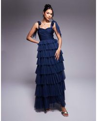LACE & BEADS - Vestito Lungo Notte Con Volant E Fiocchi Sulle Spalle - Lyst