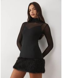 AFRM - Saige Mesh Mini Dress With Fur Hem Detail - Lyst