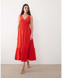 New Look - V Neck Ruched Waist Midi Dress - Lyst