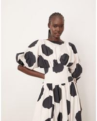 ARRANGE - Cotton Cinched Waist Midi Dress With Balloon Sleeve - Lyst