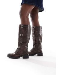 SEQWL - Twix Buckle Detail Lace Up Knee Boots - Lyst