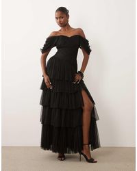 LACE & BEADS - Tulle Fallen Shoulder Asymmetric Ruffle Detail Maxi Dress - Lyst