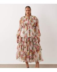 Lace & Beads Plus - Tulle Sheer Balloon Sleeve Tiered Midaxi Dress - Lyst