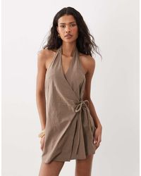 ASOS - Cotton Linen Halter Neck Wrap Mini Sundress - Lyst