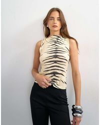TOPSHOP - Printed Microfibre Fold Over Tie Shoulder Top - Lyst