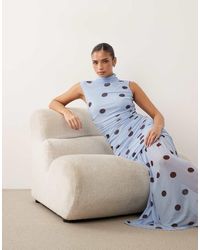 ASOS - Printed Polka Dot Ruched Drop Waist Circle Dress With Grown-on Neck - Lyst