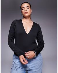 ASOS - Asos design curve - top à manches longues en tissu double épaisseur avec décolleté plongant en v - Lyst