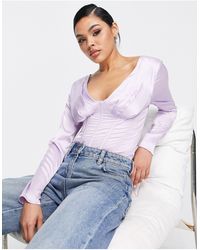 Missguided Satin Corset Plunge Bodysuit With Long Sleeve - Purple