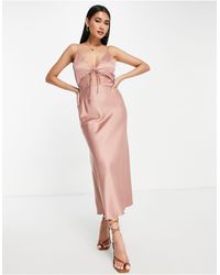 ASOS - Bias Satin Slip Midi Dress With Delicate Lace Detail And Tie Front - Lyst