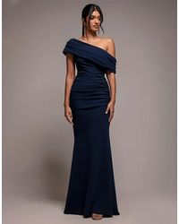 Goddiva - Pleated One Shoulder Bardot Fit And Flare Maxi Dress - Lyst