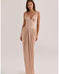 House Of Cb - Angeline Champagne Satin Corset Maxi Dress - Lyst