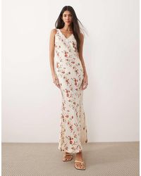 ASOS - V Neck Lace Matte Satin Maxi Dress - Lyst