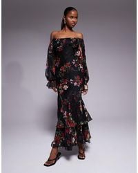 ASOS - Bardot Ruffle Maxi Dress With Tiered Godets And Blouson Sleeves - Lyst