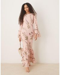 ASOS - Gestreepte Chiffon Maxi-Jurk Met Lange Mouwen En Ruches - Lyst