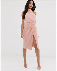 asos design pu drape shoulder midi pencil dress