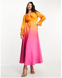 Flounce London - Vestido largo rosa y naranja - Lyst