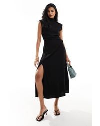 ASOS - Vestido Midi Con Cuello Alto Con Detalle De Botones, Mangas De Hombro Caído Y Abertura En La Espalda De Lino De - Lyst