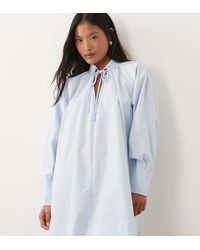 ASOS - Asos Design Petite High Neck Tie Poplin Mini Dress With Puff Sleeve - Lyst
