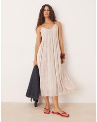 Y.A.S - Robe mi-longue style festival boutonnée devant à fines bretelles - crème fleuri et rayé - Lyst