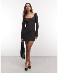 Monki - Long Sleeve Square Neck Stretch Woven Mini Dress - Lyst