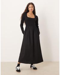 Threadbare - Midi Jurk Met Lange Mouwen, Vierkante Hals En Rok Van Popeline - Lyst
