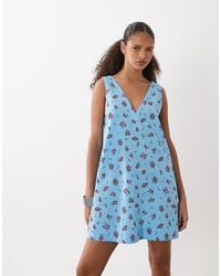 ASOS - Cotton Linen V Neck Smock Mini Dress - Lyst