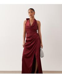 TFNC London - Tfnc Bridesmaid Petite Satin Halter Neck Cowl Plunge Split Detail Maxi Dress - Lyst
