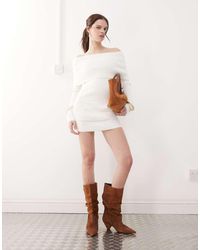 The Kript - Off Shoulder Mini Dress With Faux Fur Cuffs And Fold Over - Lyst