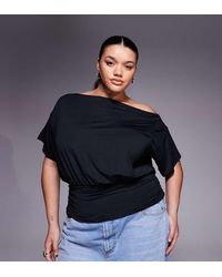 ASOS - Asos Design Curve Slinky Asymmetric One Shoulder Short Sleeve Top With Cinch Waist Detail - Lyst