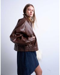 TOPSHOP - Oversized Faux Leather Dropped Shoulders Cropped Zip Up Jacket - Lyst