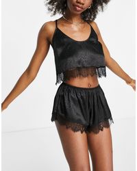 Wolf & Whistle Lace And Satin Crop Cami And Short Pyjama Set With Open Back - Black