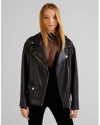 Bershka Oversized Faux Leather Biker Jacket - Black