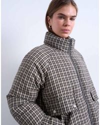 TOPSHOP - Micro Check Funnel Neck Puffer Jacket - Lyst