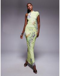 ASOS - Printed Mesh One Shoulder Capped Sleeve Maxi Dress With High Neck - Lyst