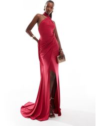 ASOS - Vestido largo color frambuesa asimétrico con diseño drapeado y detalle - Lyst