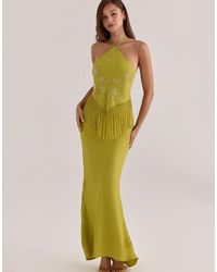 House Of Cb - Sareena Neon Lime Satin Embellished Fringed Maxi Dress - Lyst