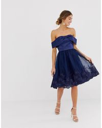 chi chi london premium lace midi dress with cap sleeve in navy