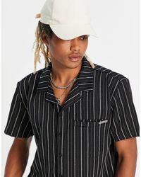 Liquor N Poker - Camicia a maniche corte nera gessato bianco con colletto con rever - Lyst